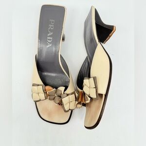 Prada Vintage Off-white Grey leather 90’s square toe Mules heels EU 38